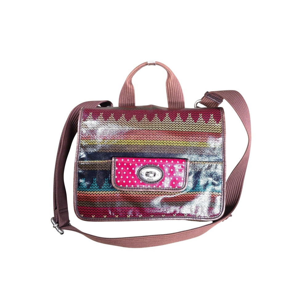 Fossil Key-Per Coated Canvas Crossbody Bag Knit Print Metallic Pink‎ Brown Boho
